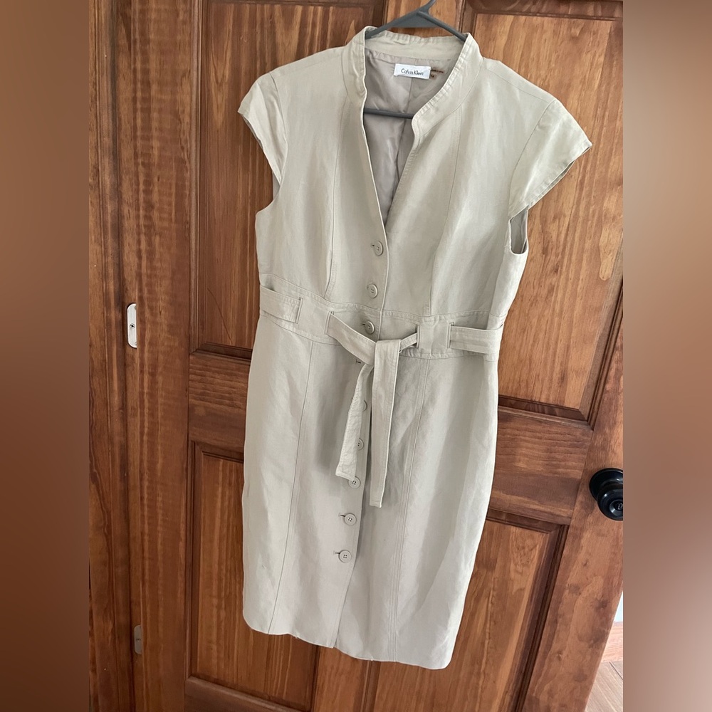 Calvin Klein Cap Sleeve Linen Dress, Neutral,Capsule Wardrobe,Office Size:14